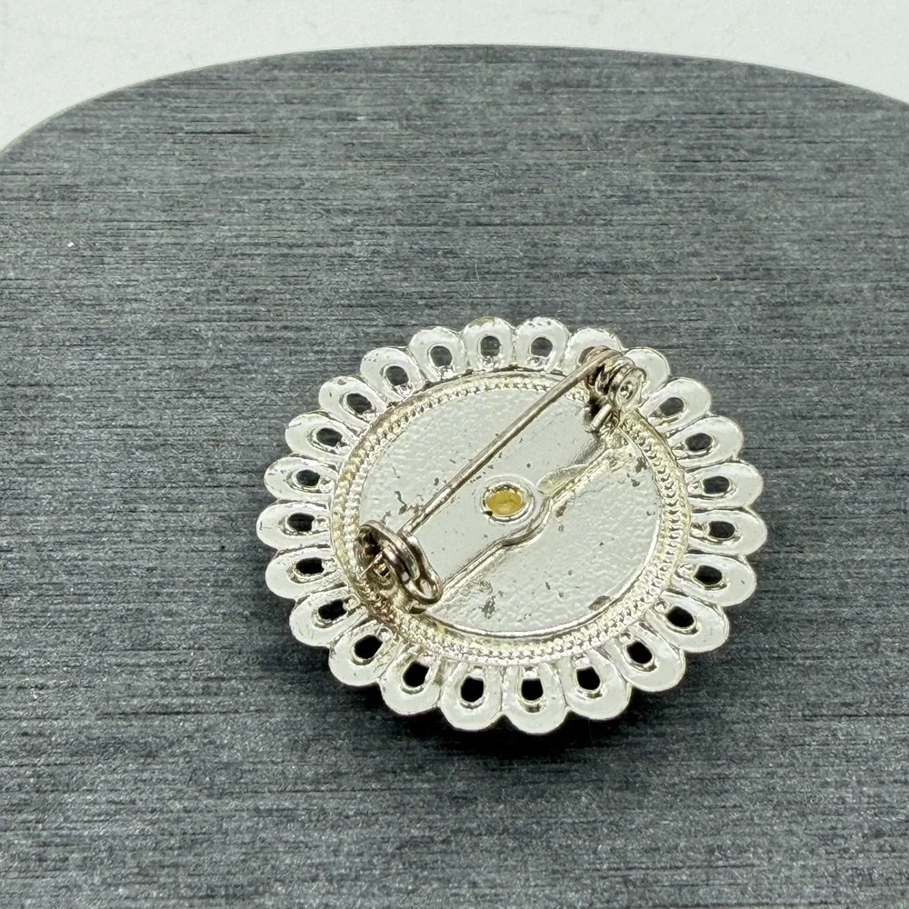 Blue White Delft Style Windmill Cabochon Silver Tone Brooch Pin Dutch Art Gift